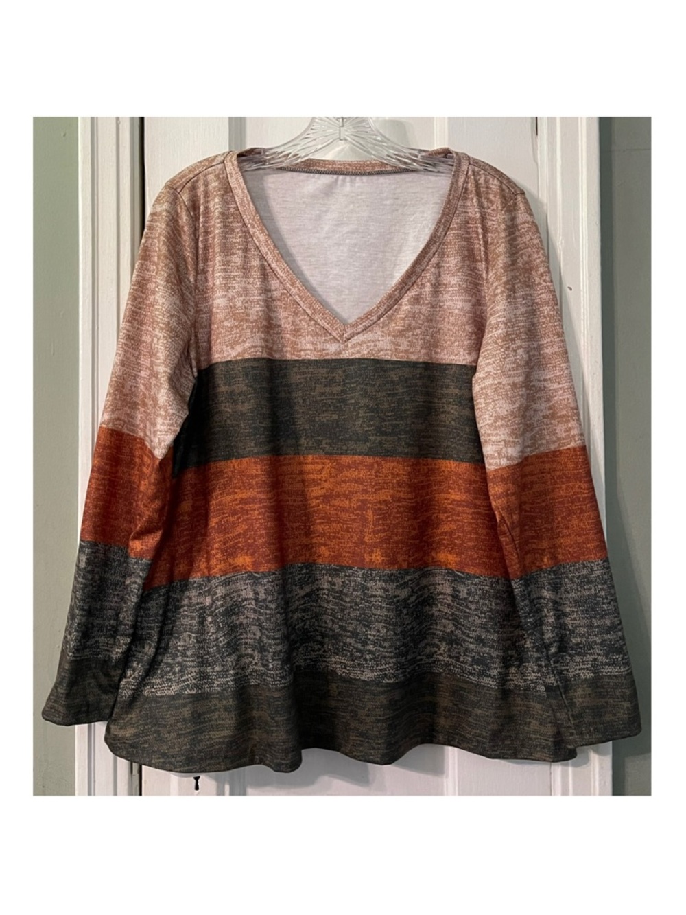 SHEIN Rust, Olive, Charcoal and Taupe Striped V-Neck Long Sleeve Top